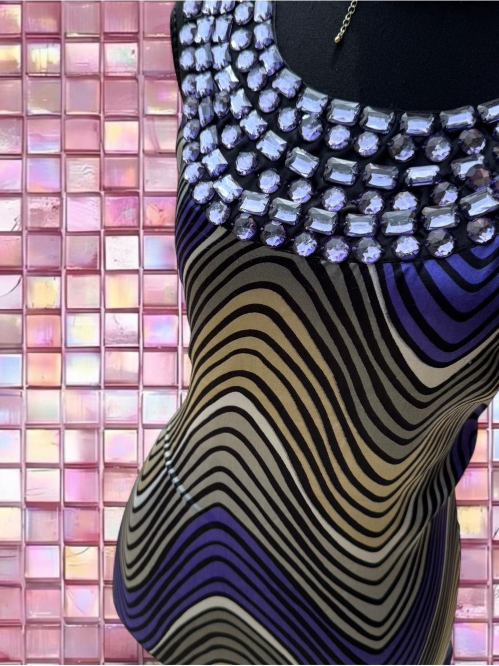 She's Cool Purple Black Wavy Striped Jeweled Tank
